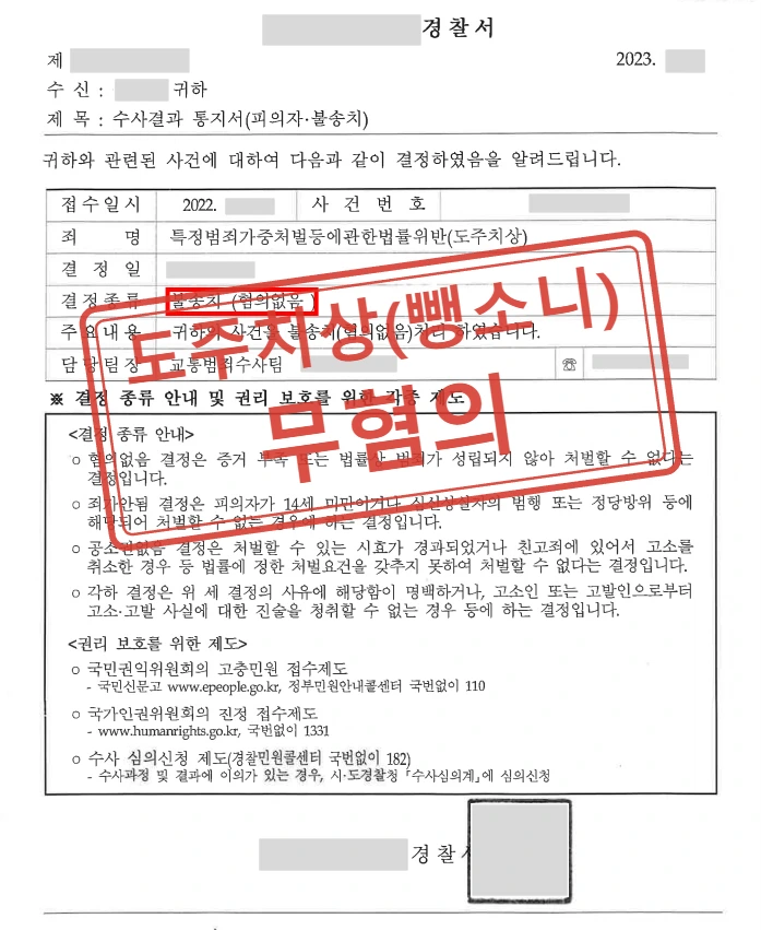 택배기사 접촉사고 도주치상(뺑소니) 혐의, 무혐의 처분 사례 — 결정문