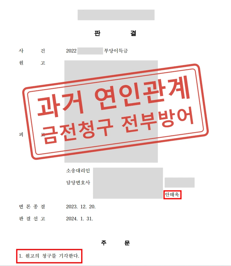옛 연인의 부당이득금 반환청구 전부 기각 사례 — 결정문