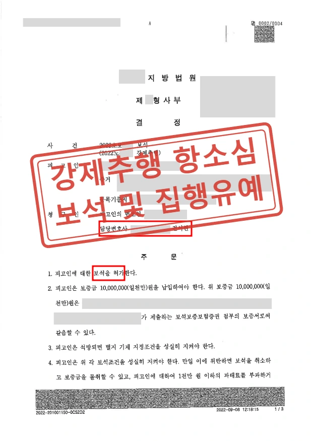 강제추행 실형 법정구속 후 보석 석방 및 항소심 집행유예 사례 — 결정문