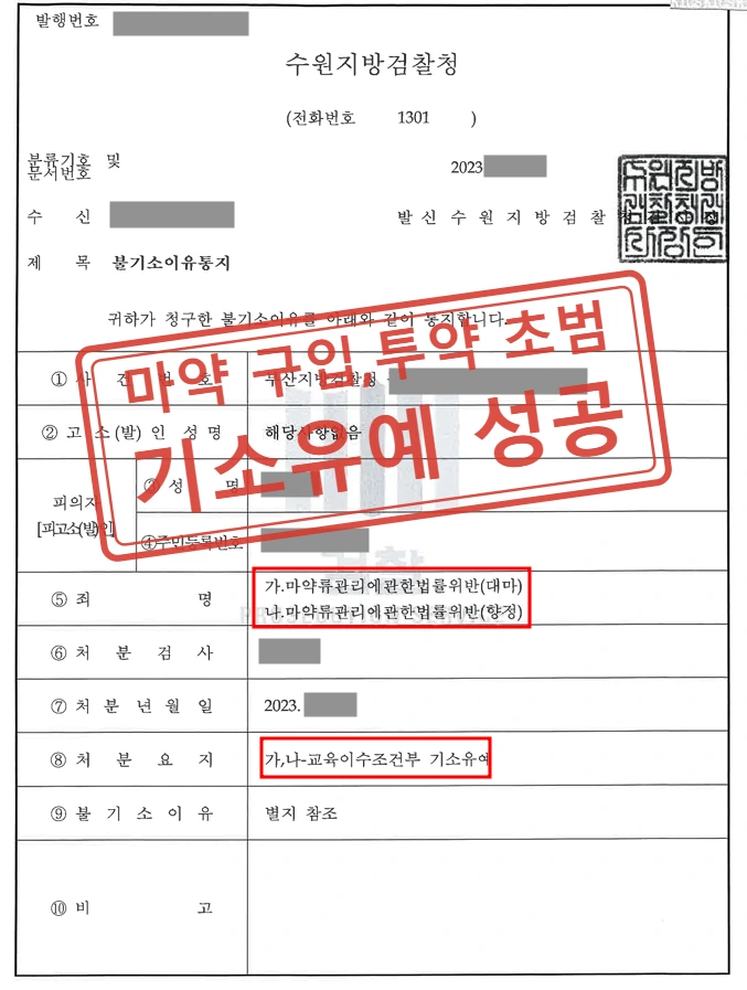 군인 신분 마약 구입·투약 초범 기소유예 사례 — 결정문