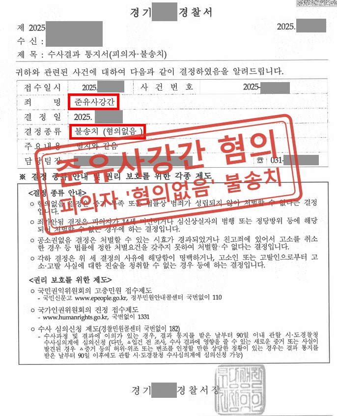 준유사강간 혐의 피의자, 혐의없음 불송치 사례 — 결정문