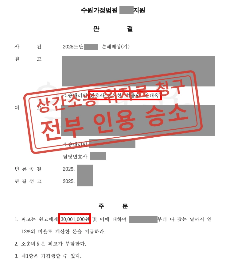 상간소송 위자료 청구 전부 인용 승소 사례 — 결정문