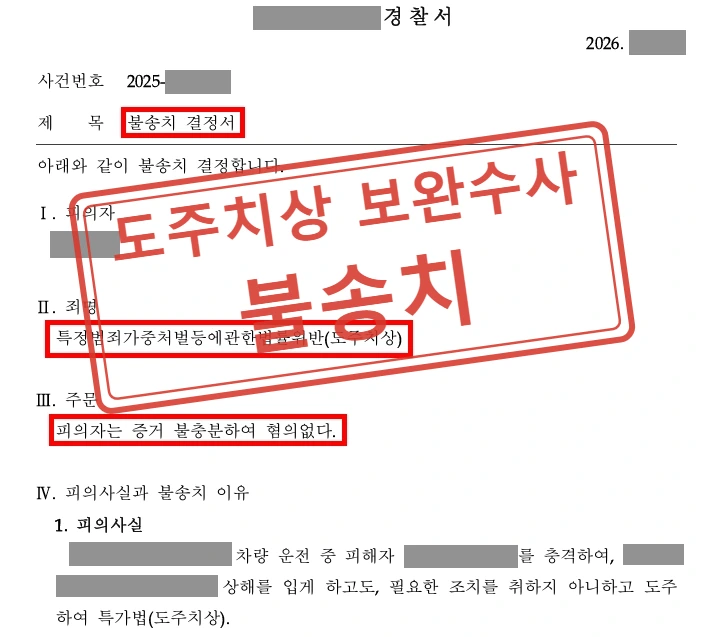 자동차전용도로 뺑소니 오인 사건, 검찰 보완수사로 혐의없음 불송치 받은 사례 — 결정문